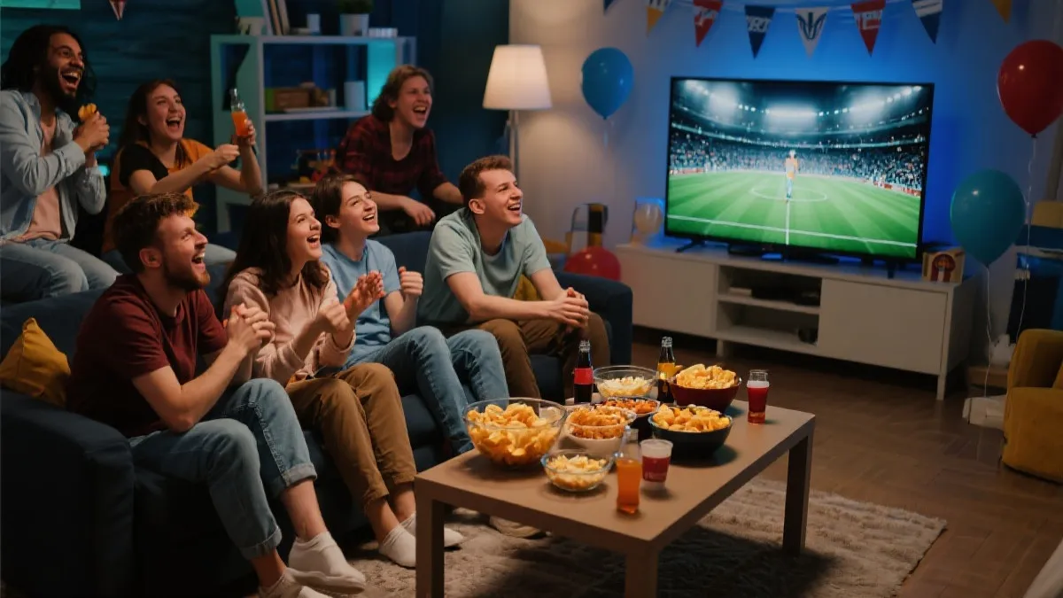 客厅观赛派对，小吃与多人一起观看比赛