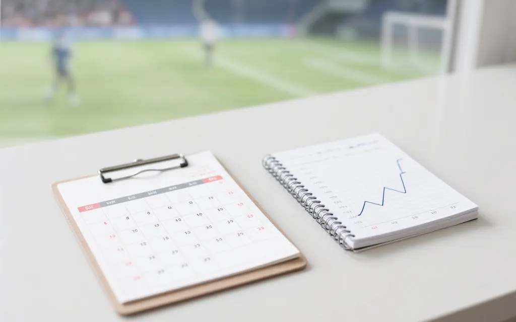 桌面上摊开记账本与日程表，旁边是电视转播的模糊球赛画面，氛围理性克制