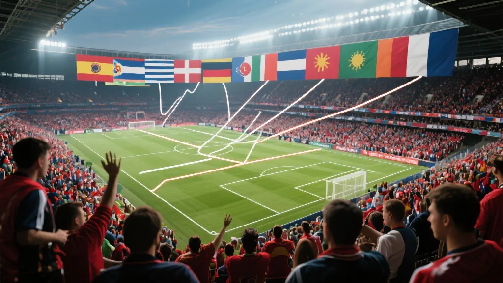 多国球迷看台与战术线路叠加的世界杯氛围图