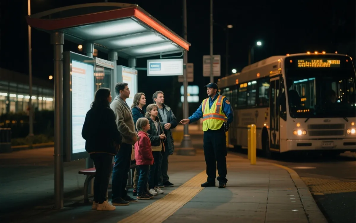 家庭与球迷在换乘点排队乘坐接驳巴士的夜间安全氛围